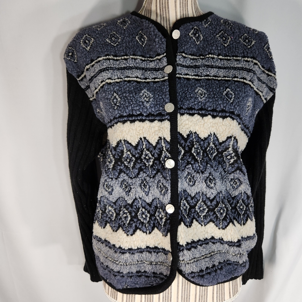 Tally-Ho Blue Black White Sherpa Body w/Black Ribbed Knit Sleeves Size Medium